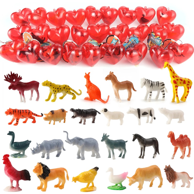 28 Pack Animal Figures Filled Hearts and Valentines Day Cards for Kids-Classroom Exchange Gifts
