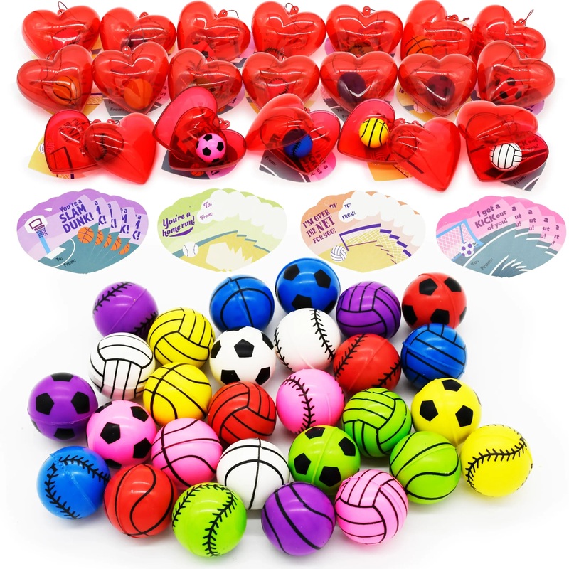 28Pcs Bouncy Ball Filled Hearts Set with Valentines Day Cards for Kids-Classroom Exchange Gifts