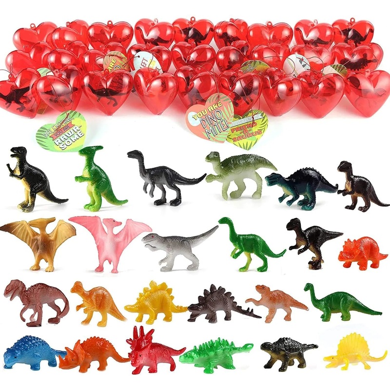 28Pcs Dinosaur Toys Figures Filled Hearts with Valentines Day Cards for Kids-Classroom Exchange Gifts