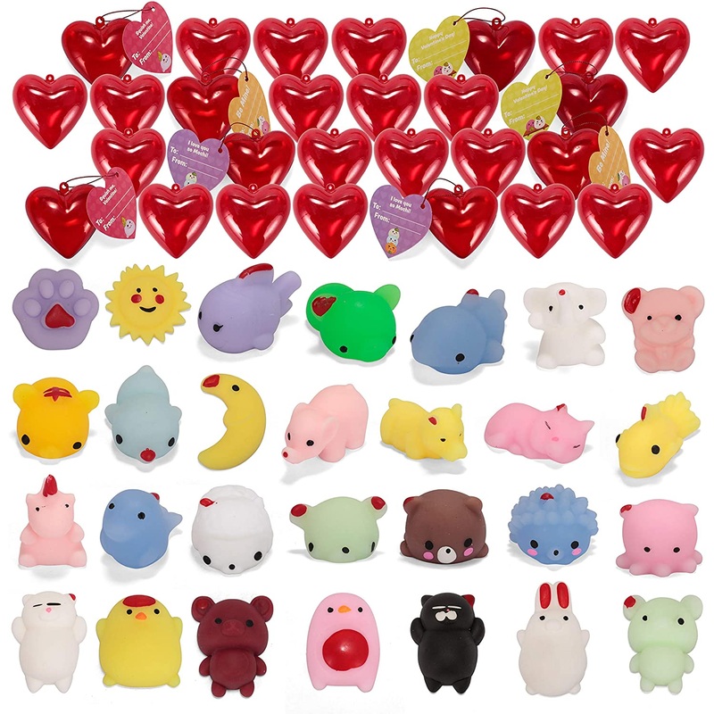 28Pcs Mochi Squishies Filled Hearts with Valentines Day Cards for Kids-Classroom Exchange Gifts