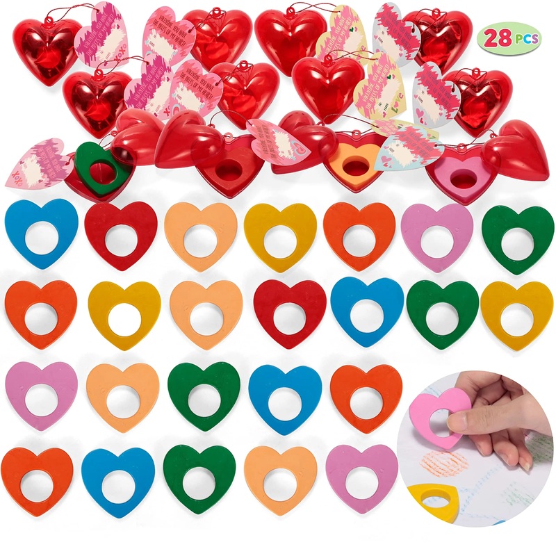 28Pcs Prefilled Hearts with Crayons and Valentines Day Cards for Kids-Classroom Exchange Gifts
