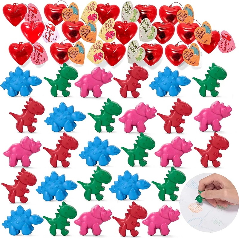 28Pcs Prefilled Hearts with Dinosaur Crayons and Valentines Day Cards for Kids-Classroom Exchange Gifts