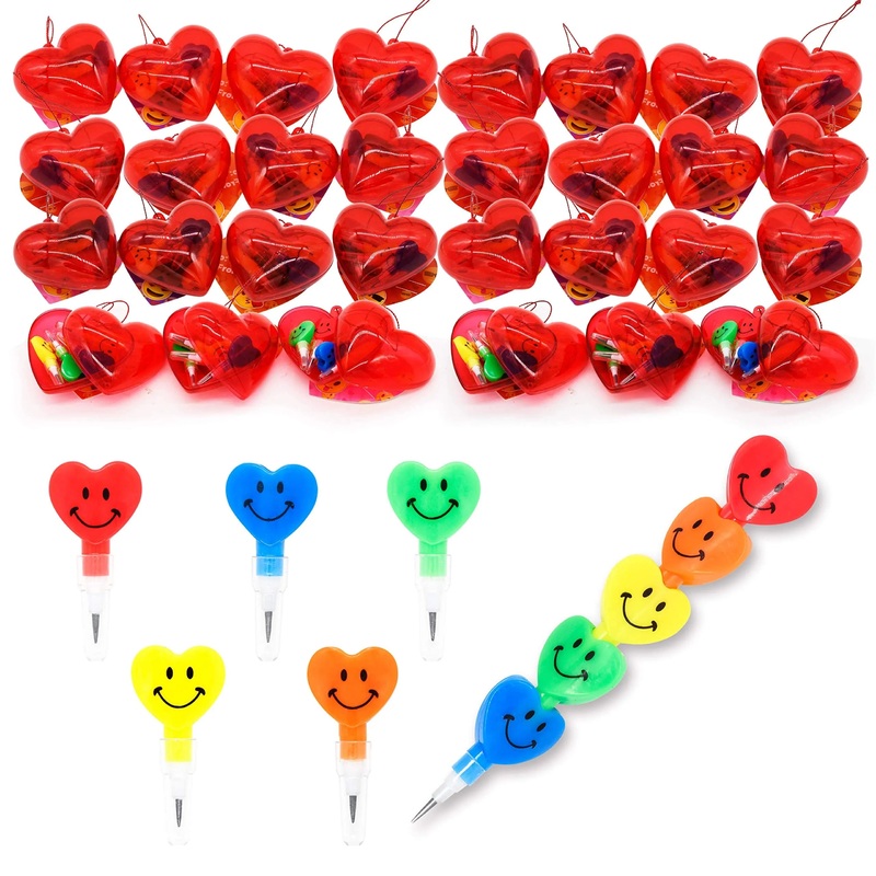 28Pcs Prefilled Hearts with Heart Pencils and Valentines Day Cards for Kids-Classroom Exchange Gifts