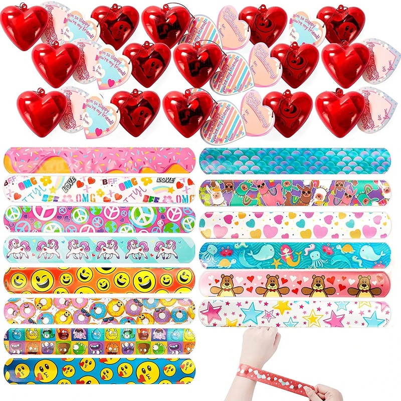 28Pcs Prefilled Hearts with Slap Bracelets and Valentines Day Cards for Kids-Classroom Exchange Gifts
