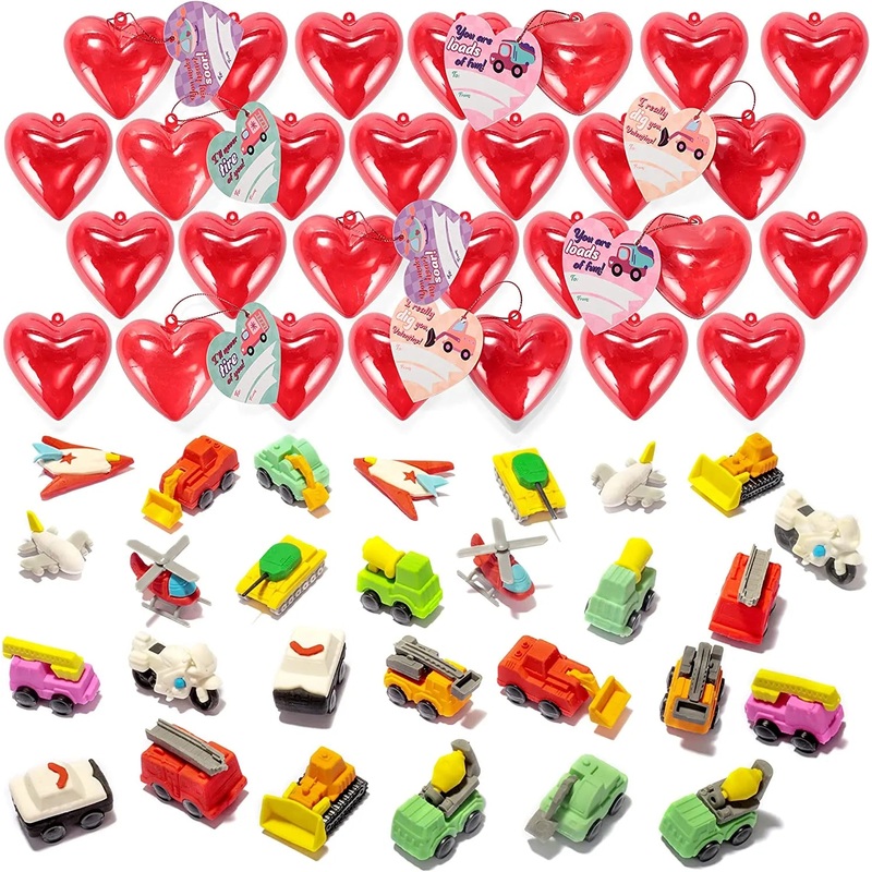 28Pcs Vehicle Eraser Filled Hearts Set with Valentines Day Cards for Kids-Classroom Exchange Gifts