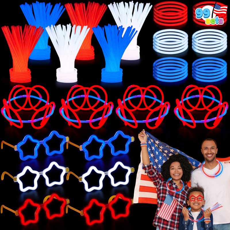 JOYIN 99 PCS July 4th Patriotic Glow Sticks Bracelets Necklaces Glasses, Glow in The Dark Party Supplies, Light Up Party Favors for Kids Adults, Blue White Red LED Accessories for Independence Day
