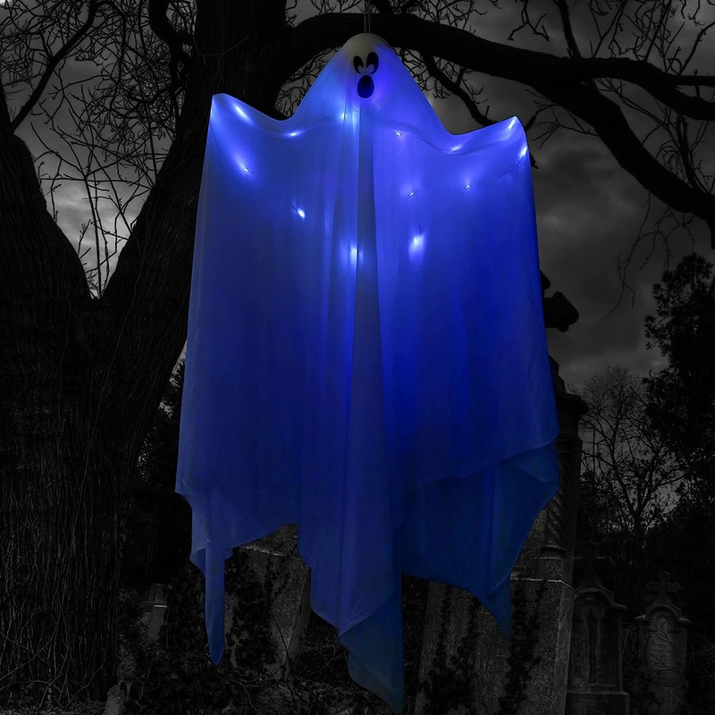 White Hanging Ghosts with Blue LED Light