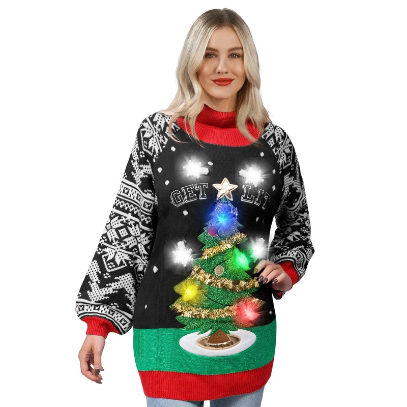 Womens Christmas Tree Ugly Long Sweater LED Light Up Xmas Sweater