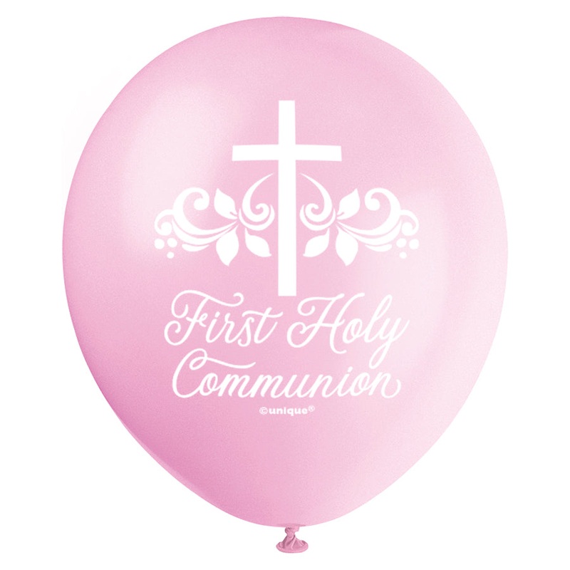 12" PINK HOLY CROSS FIRST HOLY COMMUNION LATEX BALLOONS (8 BALLOONS PER PACK)