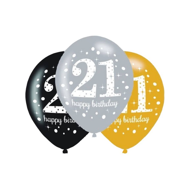 21st Birthday Black and Gold 6 Pack 30cm Latex Balloons
