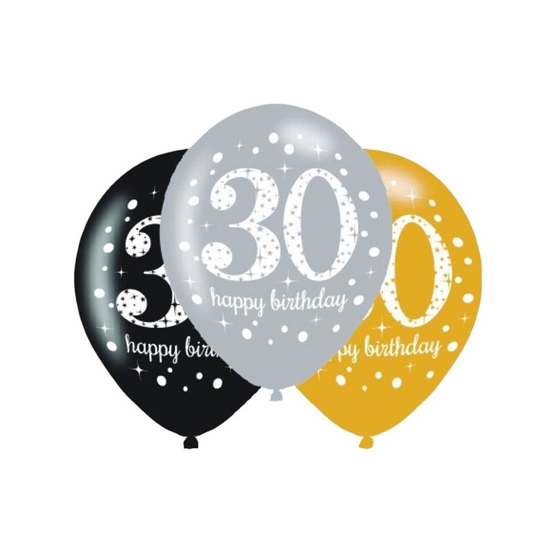 30th Birthday Black and Gold 6 Pack 30cm Latex Balloons
