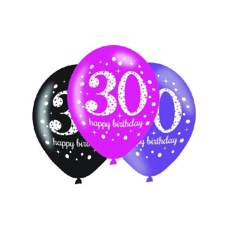 30th Birthday Pink and Black 6 Pack 30cm Latex Balloons