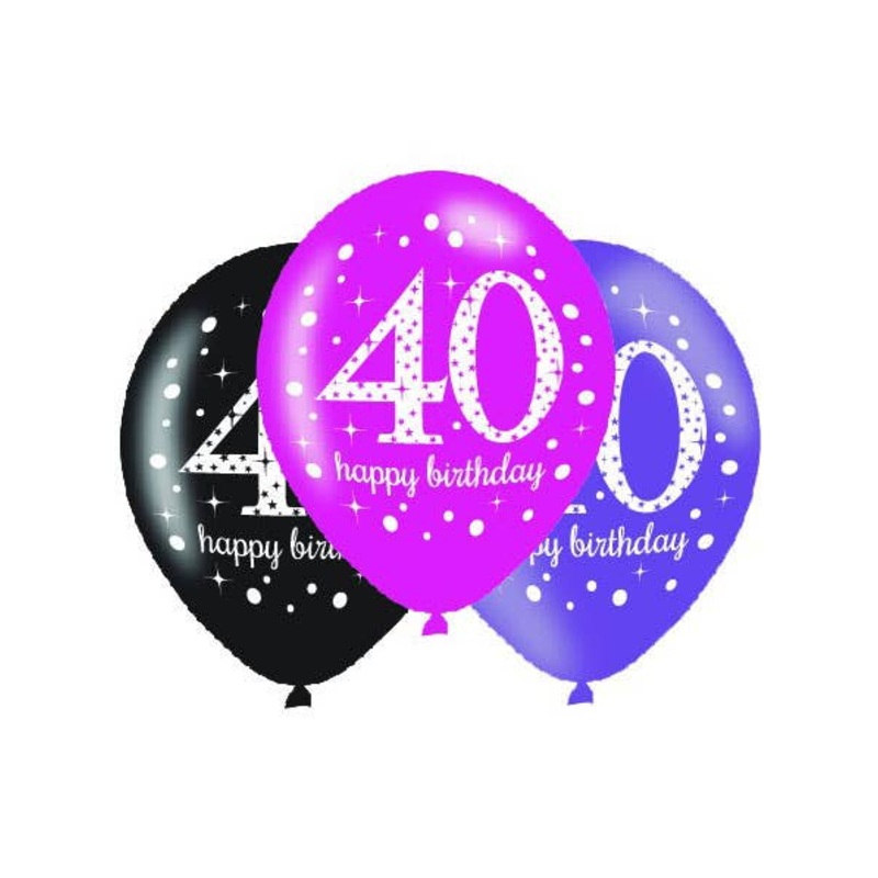 40th Birthday Pink and Black 6 Pack 30cm Latex Balloons