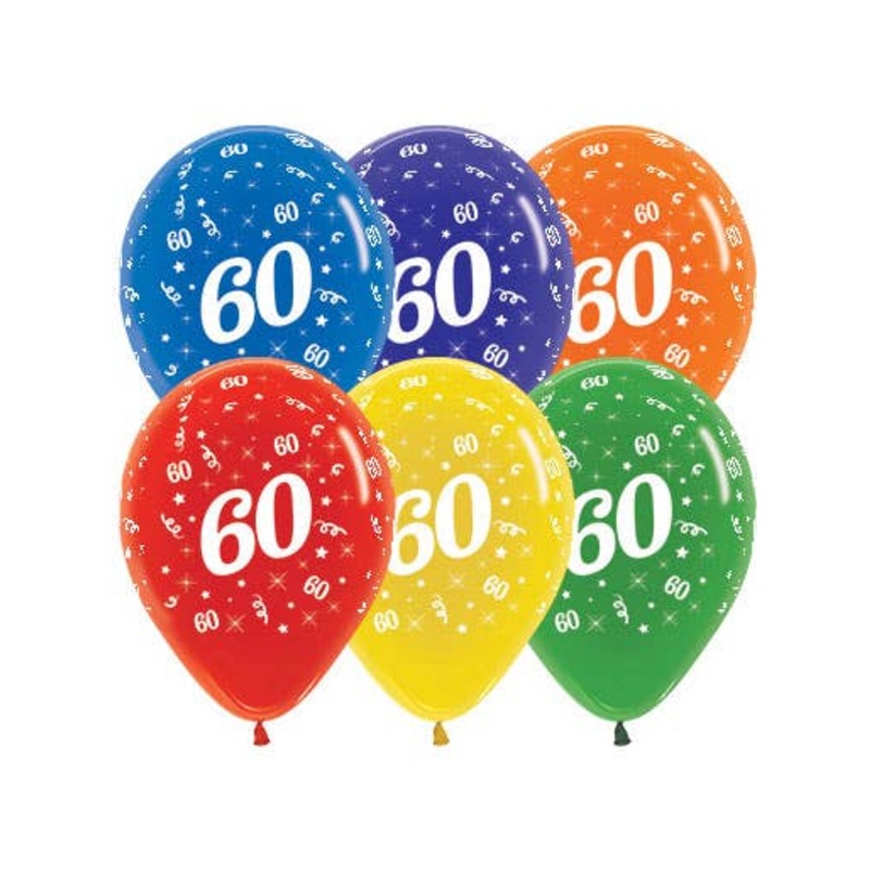 60th Birthday Assorted Crystal Colours 25 Pack 30cm Latex Balloons