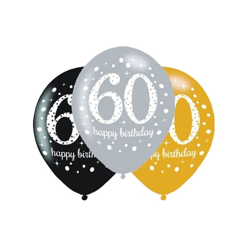 60th Birthday Black and Gold 6 Pack 30cm Latex Balloon