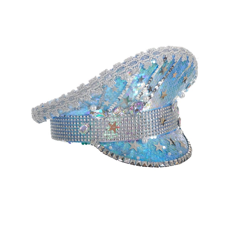 Deluxe Ice Blue Jewelled Festival Hat with Stars and Pearls