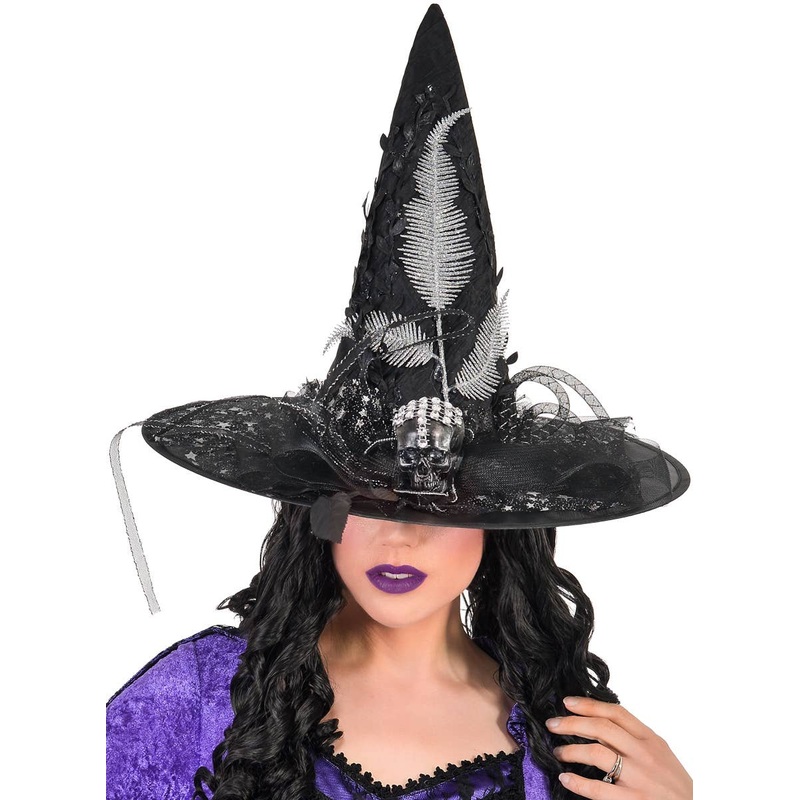 Deluxe Star Print Black Witch Hat with Jewelled Skull