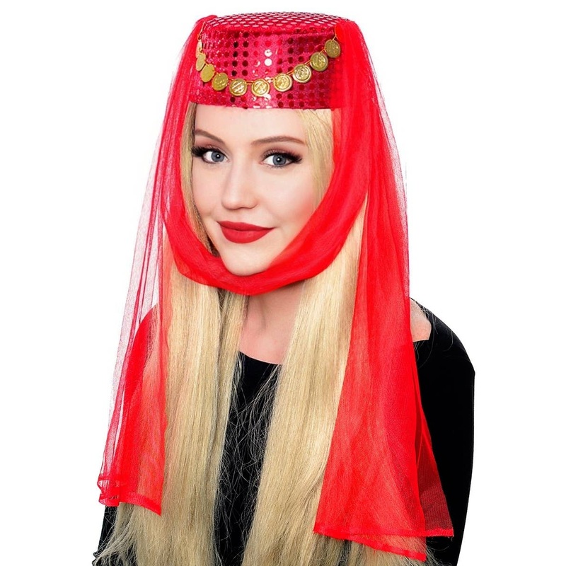 Harem Womens Red Pill Box Veiled Costume Hat
