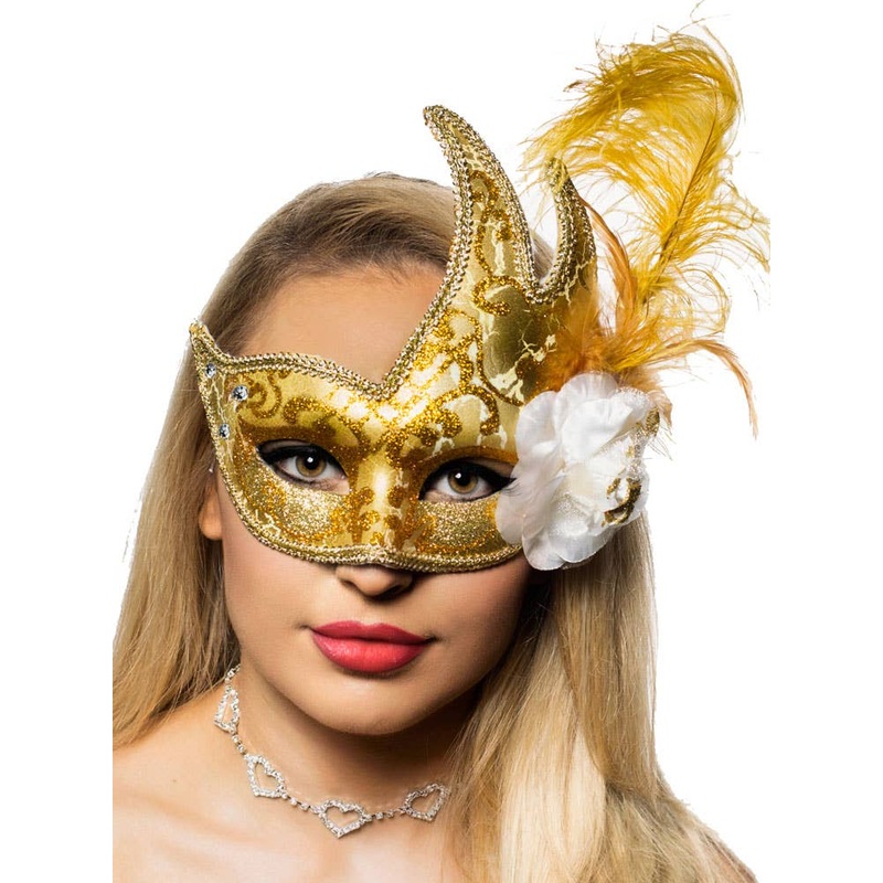 Jewelled Gold Luxury Feather Masquerade Mask