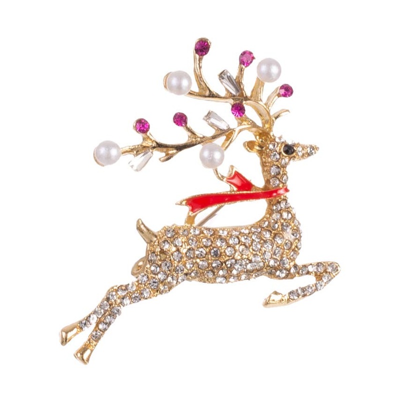 Jewelled Golden Reindeer Christmas Brooch