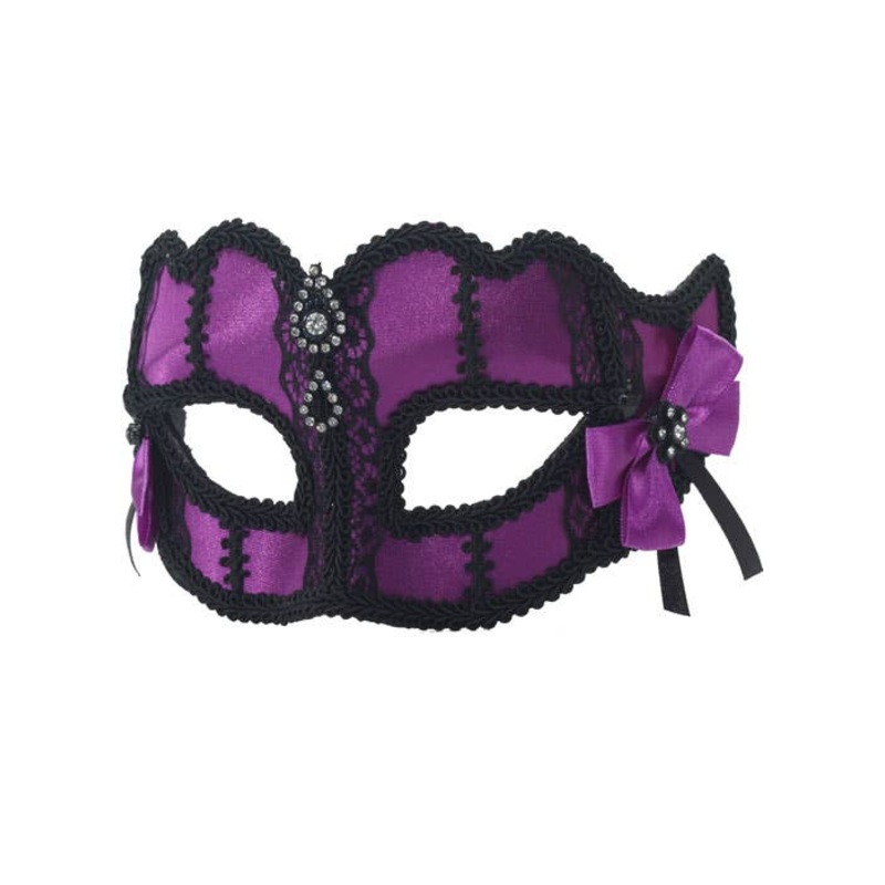 Jewelled Purple and Black Lace Masquerade Mask on Glasses Arms