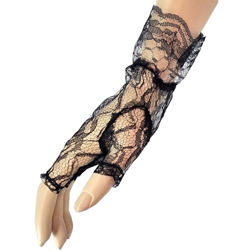 Ruffled Black Lace Fingerless Costume Gloves