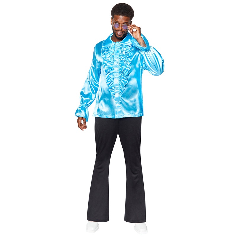 Ruffled Mens 70s Disco Blue Satin Costume Shirt