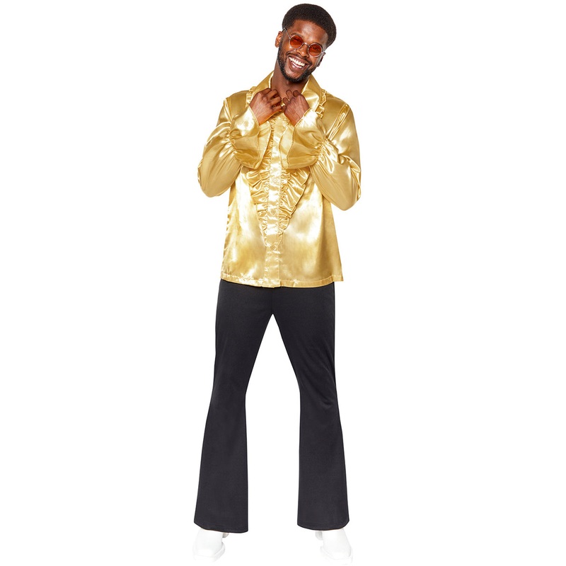 Ruffled Mens 70s Disco Gold Satin Costume Shirt