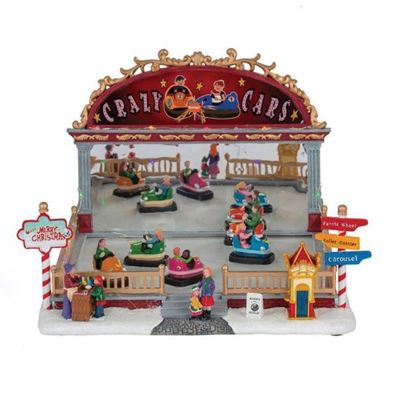 Animated Christmas Village Musical Bumper Cars Scene with LED Lights