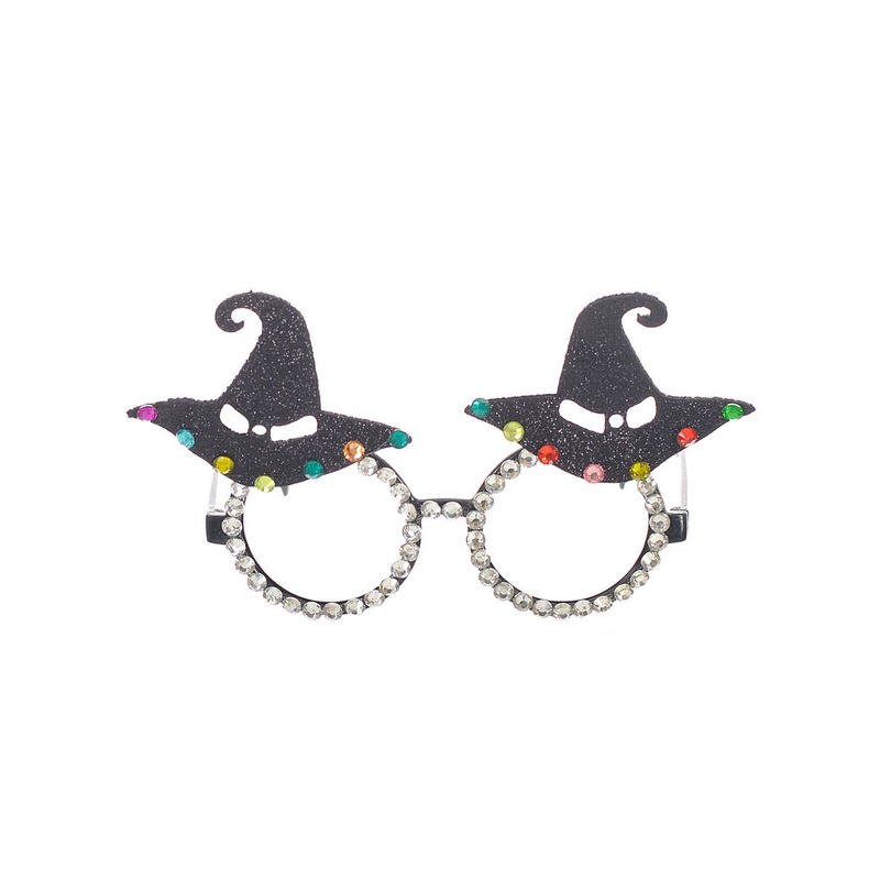 Jewelled Black Glitter Witch Hat Halloween Costume Glasses