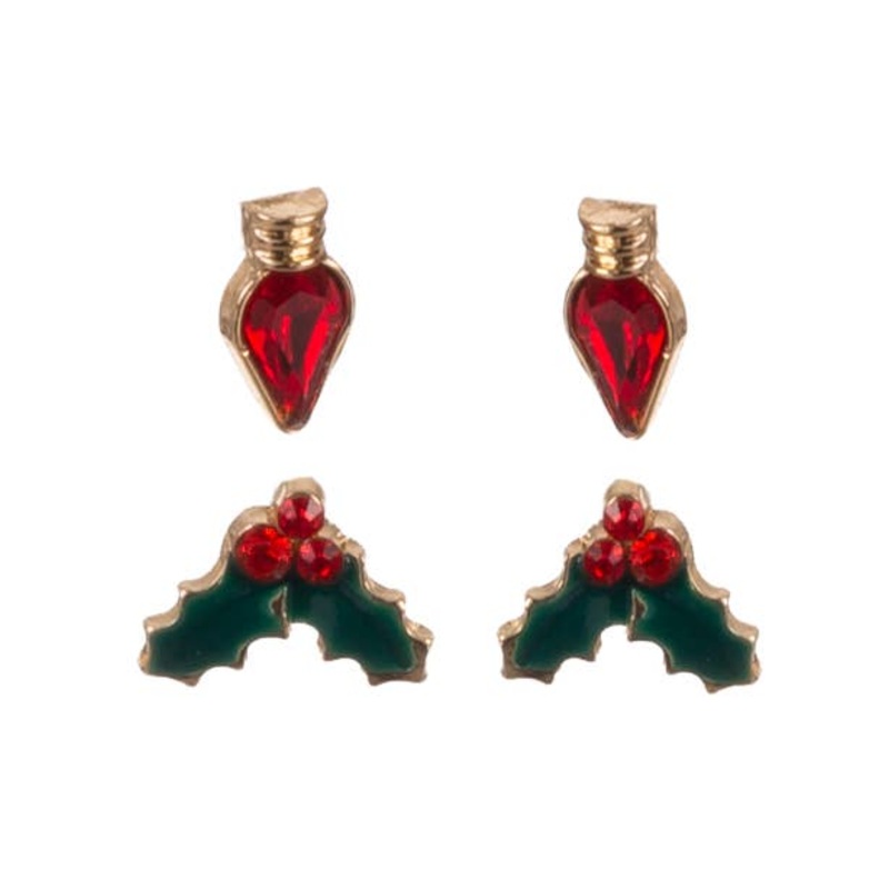 Jewelled Christmas Holly and Red Candles Set of 2 Stud Earrings