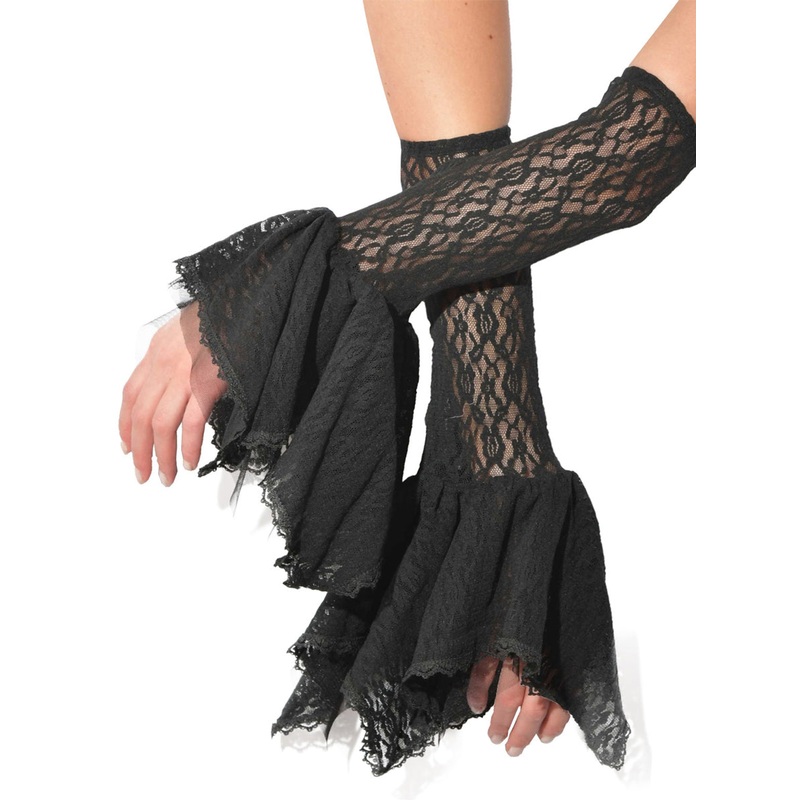 Ruffled Womens Black Lace Halloween Wrist Gauntlets