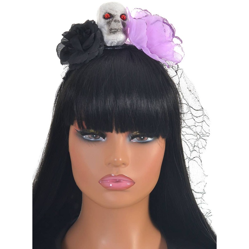 Veiled Black and Purple Rose and Skull Halloween Headband