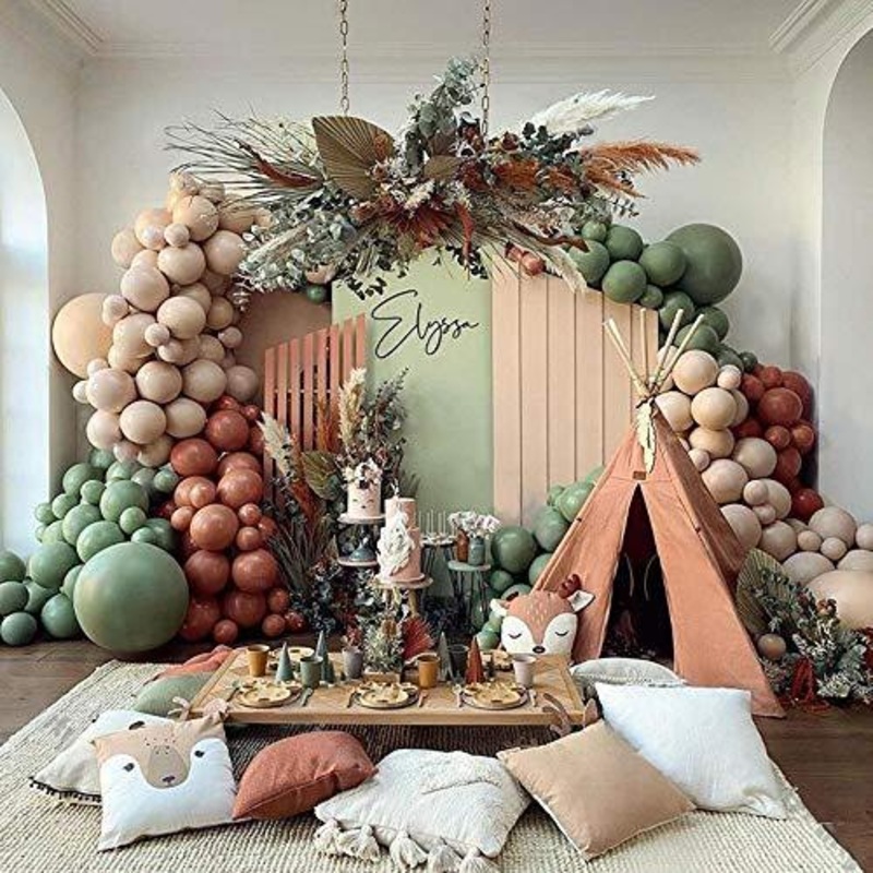 124 Packs Light Brown Coffee with Sage Green Balloon Arch Kit for Party Birthday Wedding Engagement Anniversary Christmas Festival Picnic Party Decorations