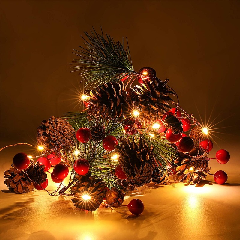 6.5FT 20 LED Christmas Garland with Lights, Red Berry Pine Cone Garland Lights Battery Operated