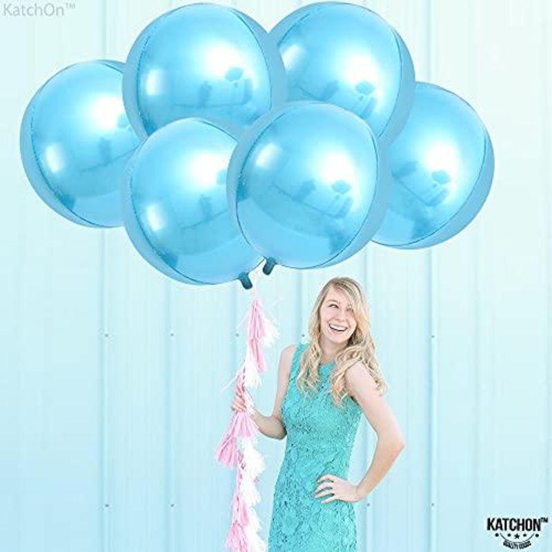 Big 22 Inch Blue Mylar Balloons - Pack of 6 | 360 Degree 4D Round Sphere metallic blue balloons | Light Blue Balloons for Baby Shark, Baby Shower, Gender Reveal