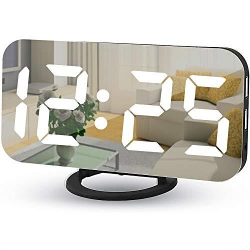 Digital Alarm Clocks,7" LED Mirror Electronic Clock,with 2 USB Charging Ports,Snooze Mode,Auto Adjust Brightness,Modern Desk Wall Clock for Bedroom Living Room Office