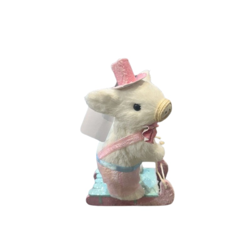 Pig Sledding with Pink Top Hat 25cm