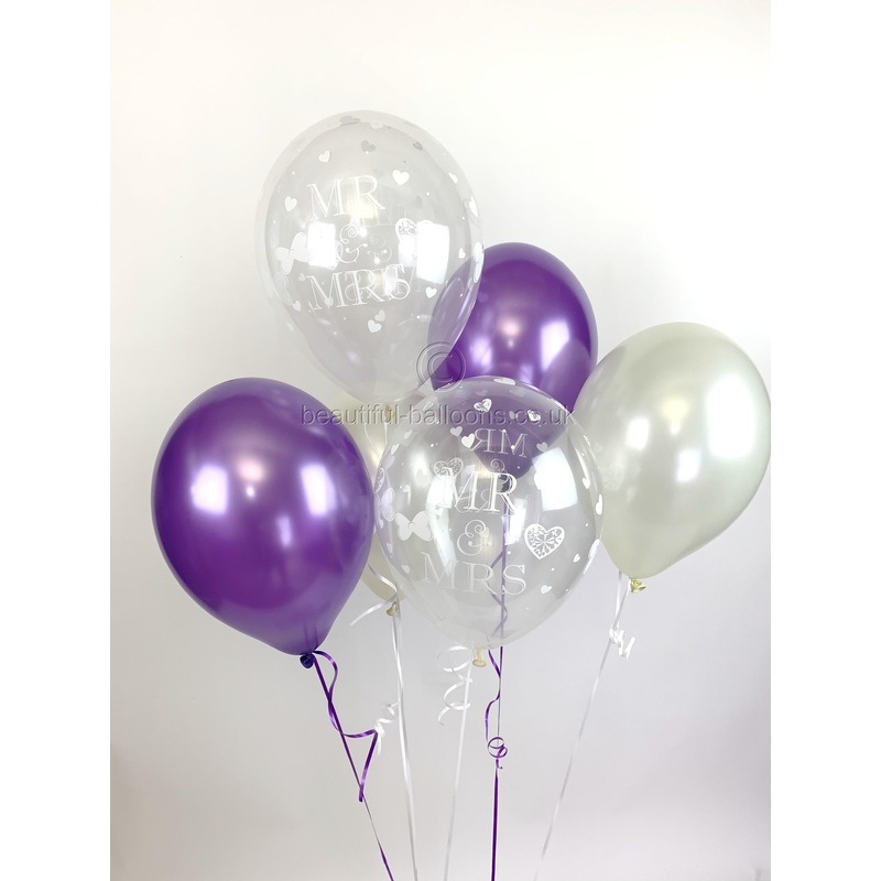 Mr & Mrs Pearlised Balloons, Purple & Ivory Wedding (Helium Quality)UNFILLED