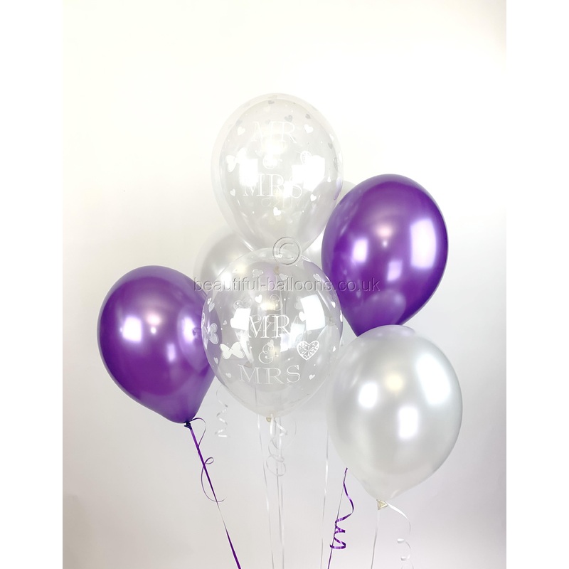 Mr & Mrs  UNFILLED Pearlised Balloons, Purple & White Wedding (Helium Quality)