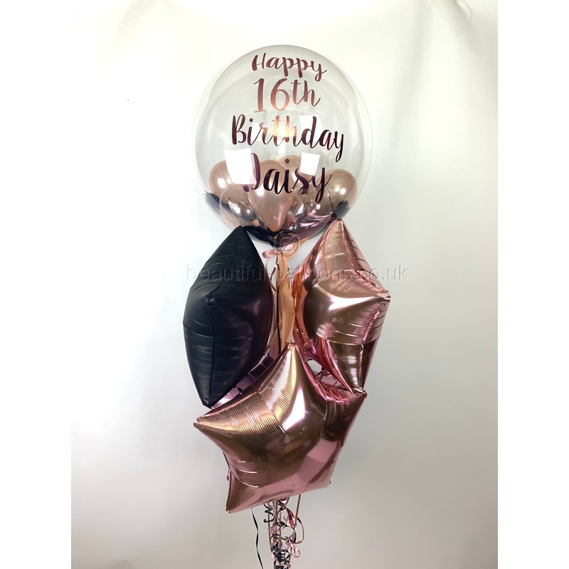 Rose Gold, Black and Rose Gold Feather Filled Bubble Cluster