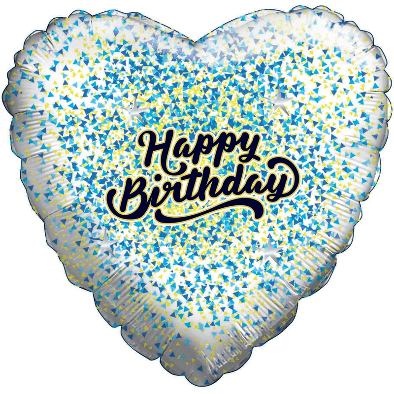 28" Happy Birthday Speckled White Heart Balloon Blue/Gold