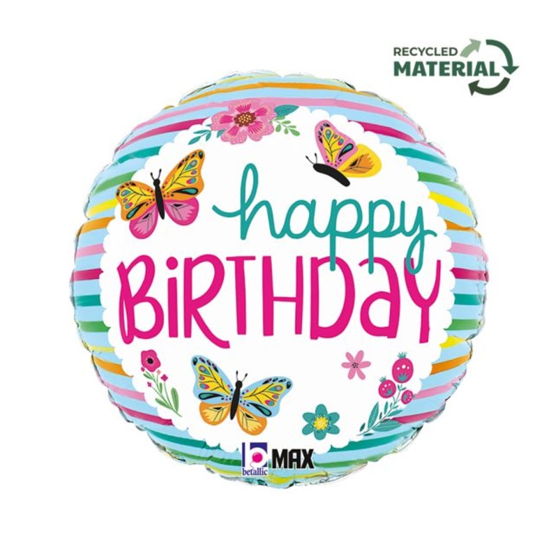 18" BDay Colorful Butterflies Foil Balloon Packaged