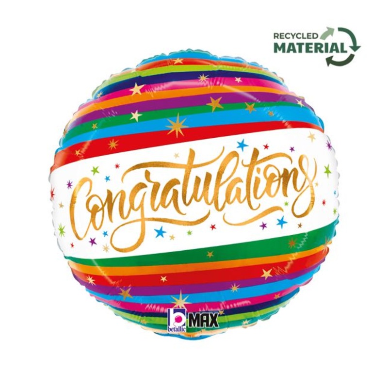 18" Congratulation Fun Stripe Foil Balloon Packaged