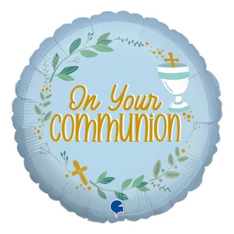 18" On Your Communion Blue Foil Balloon Packaged