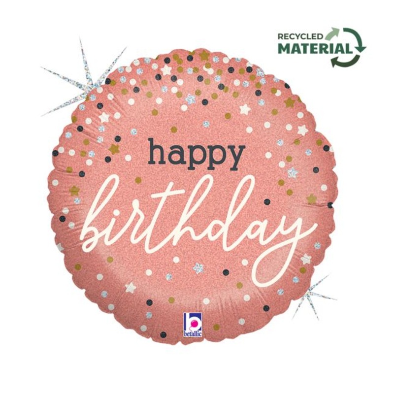 18" Rose Gold Confetti B-Day Foil Balloon Packaged
