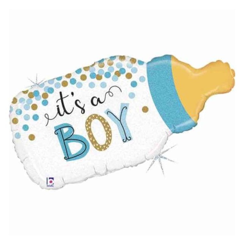 Confetti Baby Bottle Boy Foil Balloon Packaged