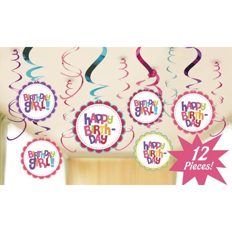 Birthday Girl Swirl Decoration - 12 PC