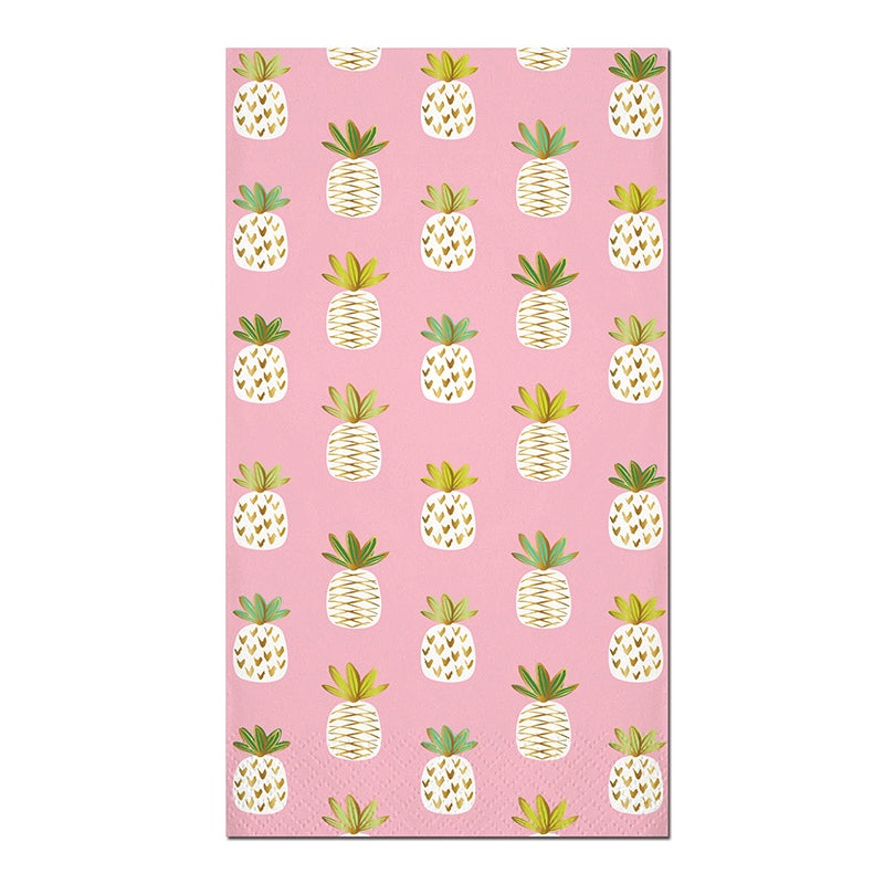 Multi Pineapple Gold Foil On Pink Guest Towels
