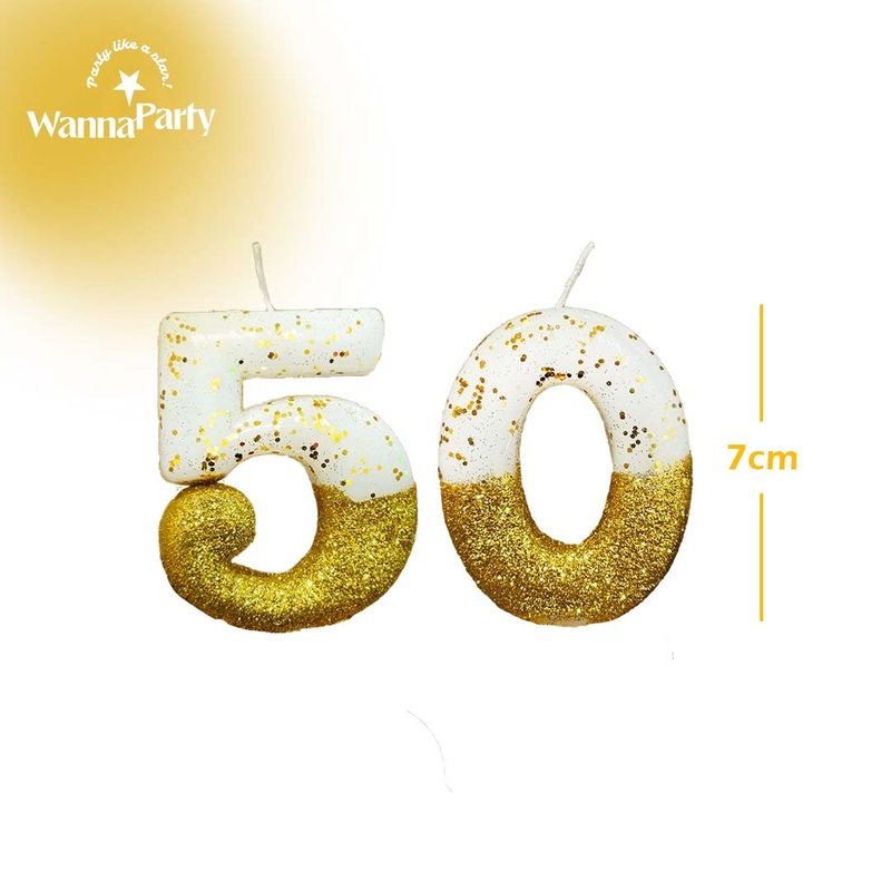 No. 50th Birthday Candle Gold & White w/ Glitter Dust - 1PC